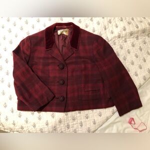 Vintage Paul Parnes Cropped Plaid Tweed Wool Jacket with Velvet Collar.